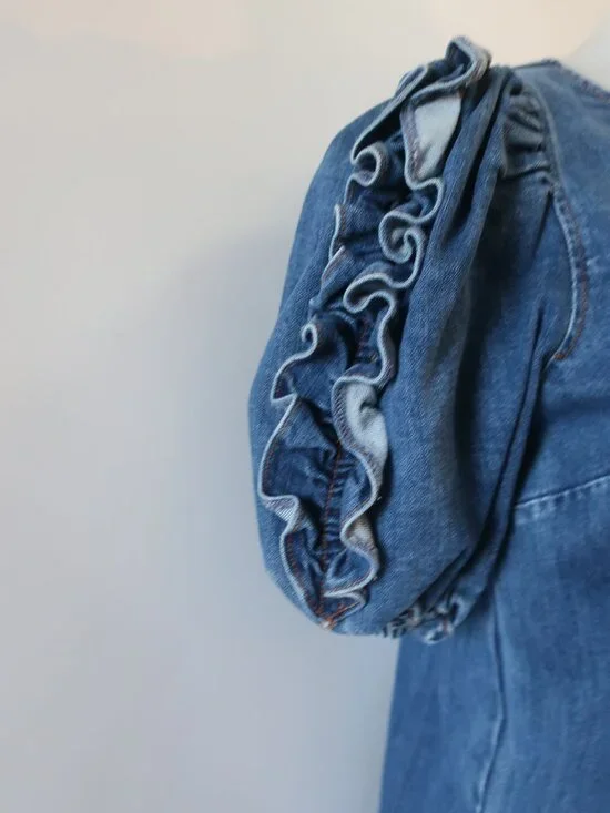 Womens Ulla Johnson Poppy (Item- 12) Blue Denim Ruffled Slv Mini Shift Dress 4 - Picture 10 of 14